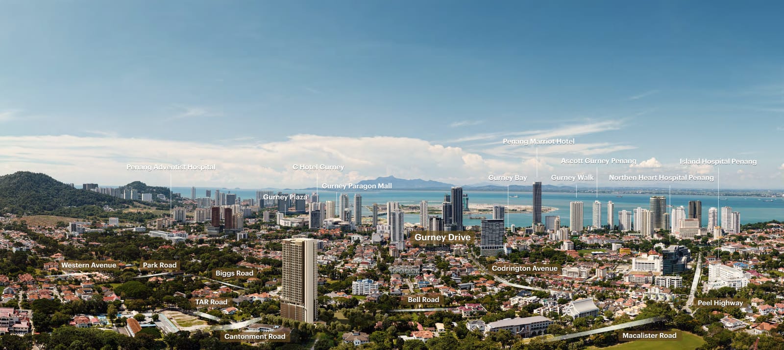 Labelled aerial view showing Cantonment Road, Gurney Drive, Gurney Plaza, Gurney Paragon, Island Hospital and Penang Adventist Hospital