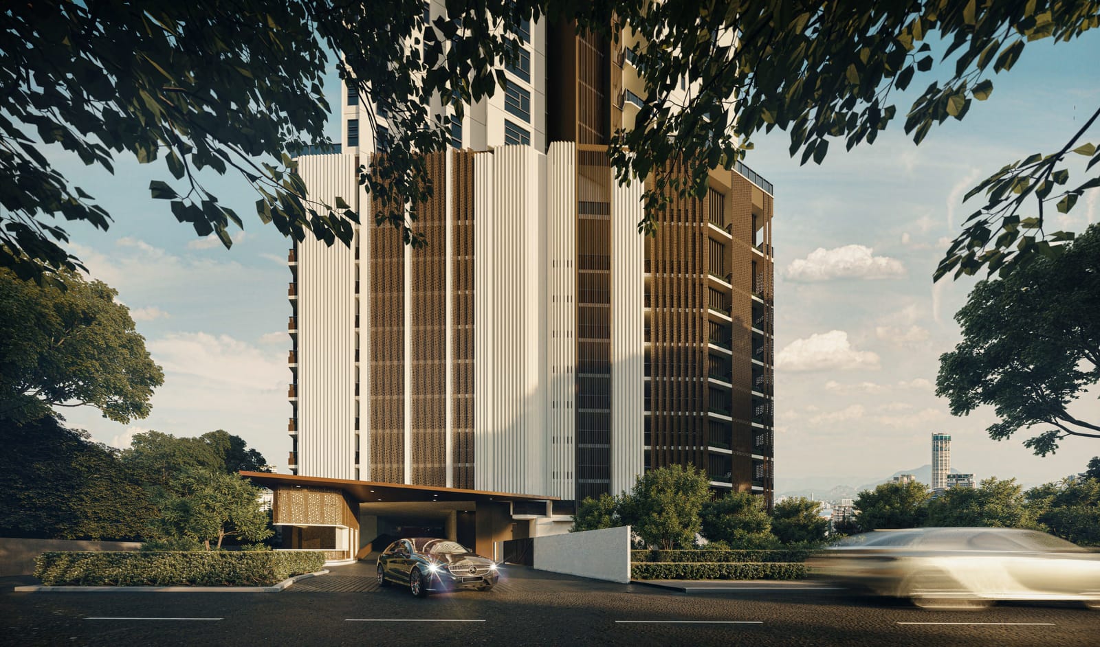 Landscaped arrival and porte-cochère of Cantonment Residence by day