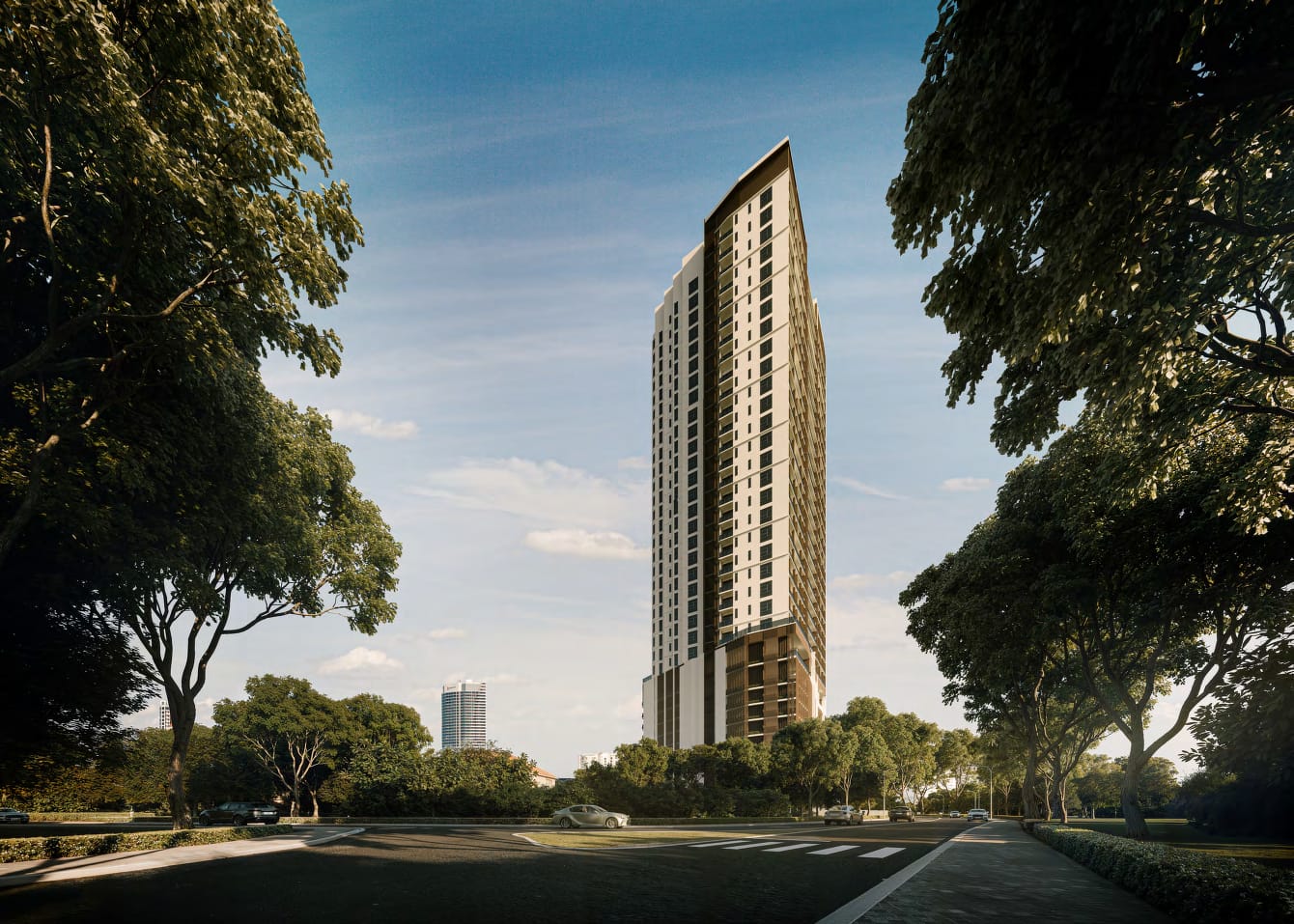 Cantonment Residence tower rising above the tree-lined streets of Cantonment Road, Penang