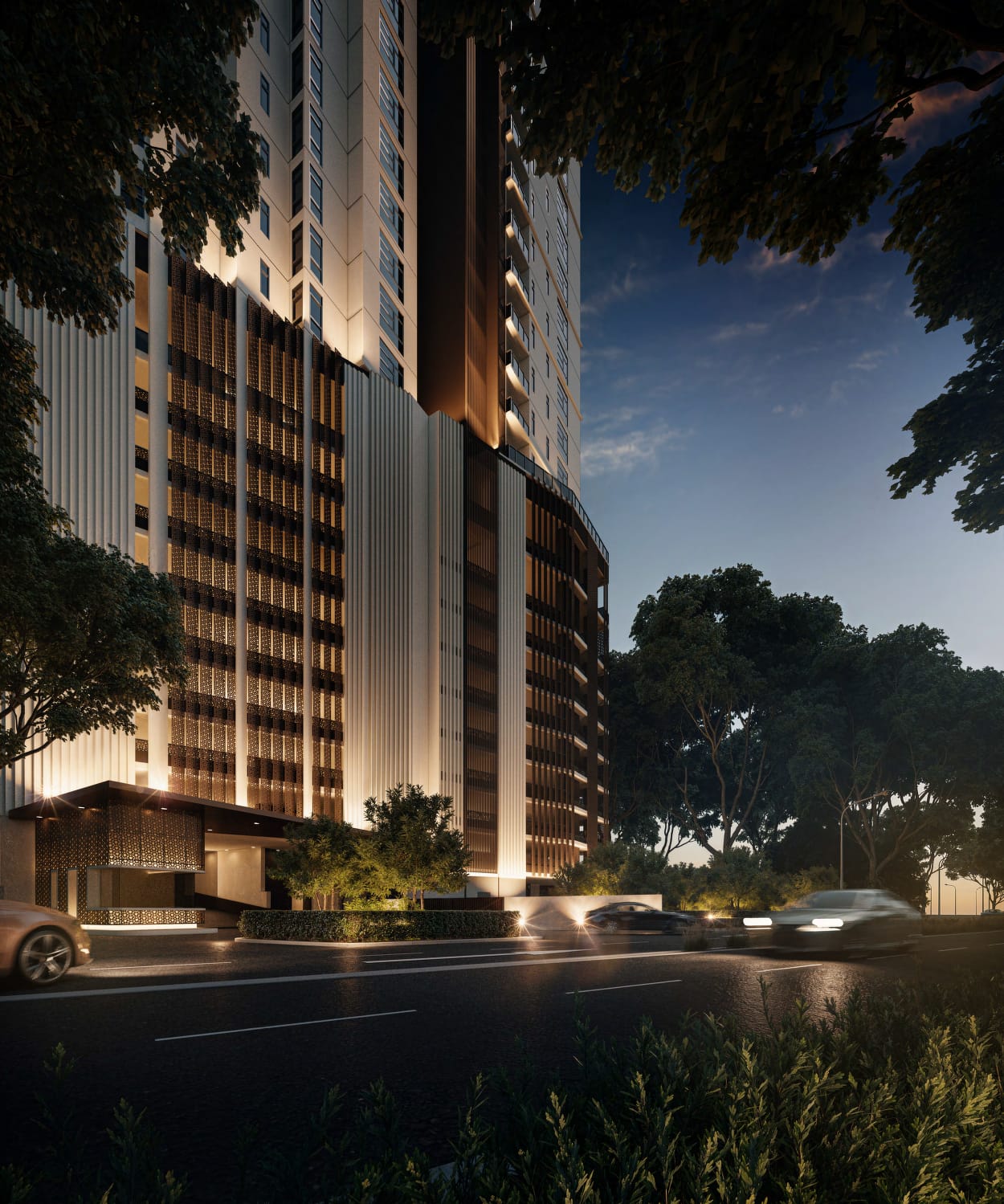 Cantonment Residence facade softly lit at dusk