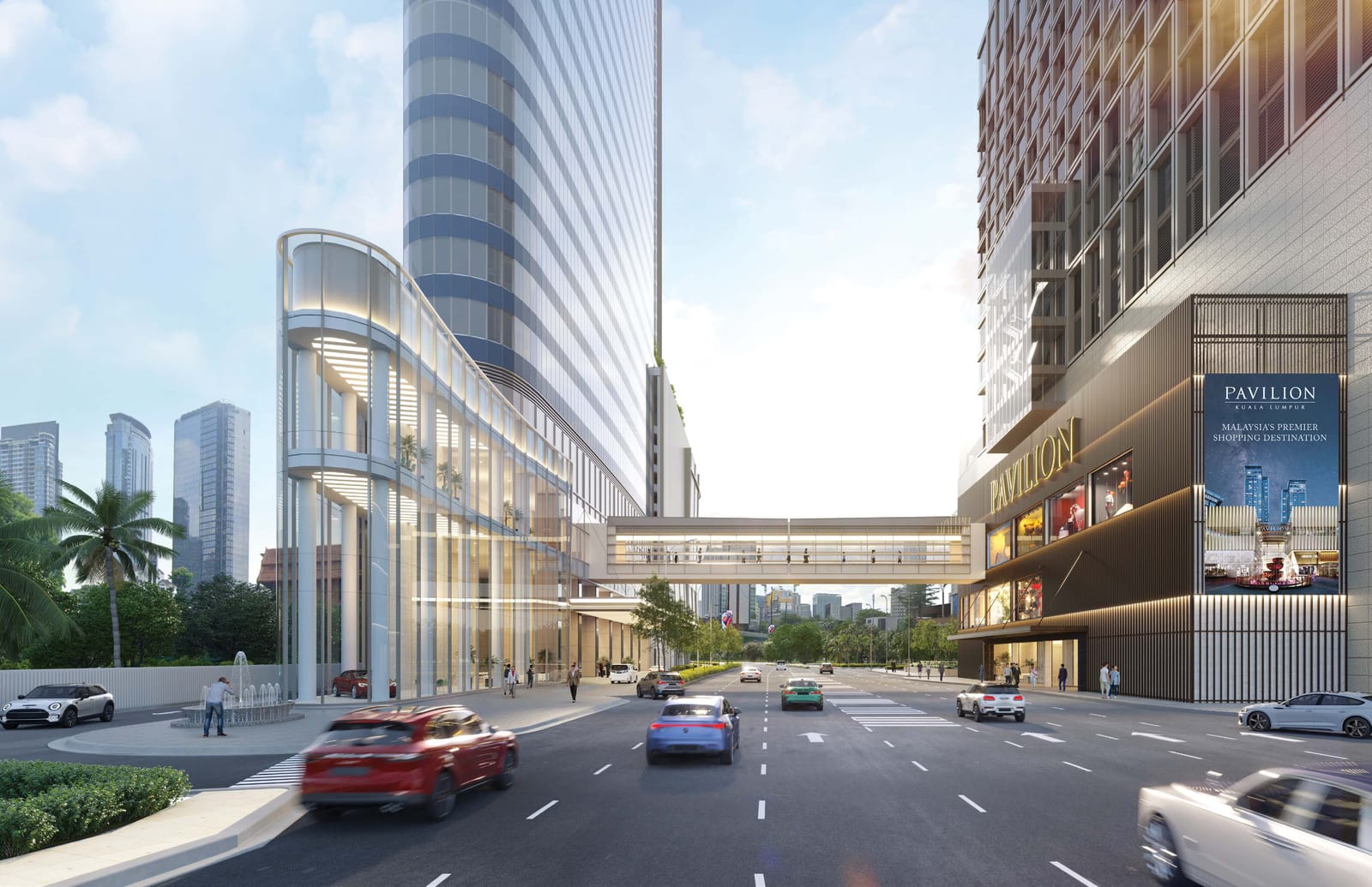 Pavilion Square 与柏威年吉隆坡购物商场之间横跨 Jalan Raja Chulan 的有盖天桥效果图