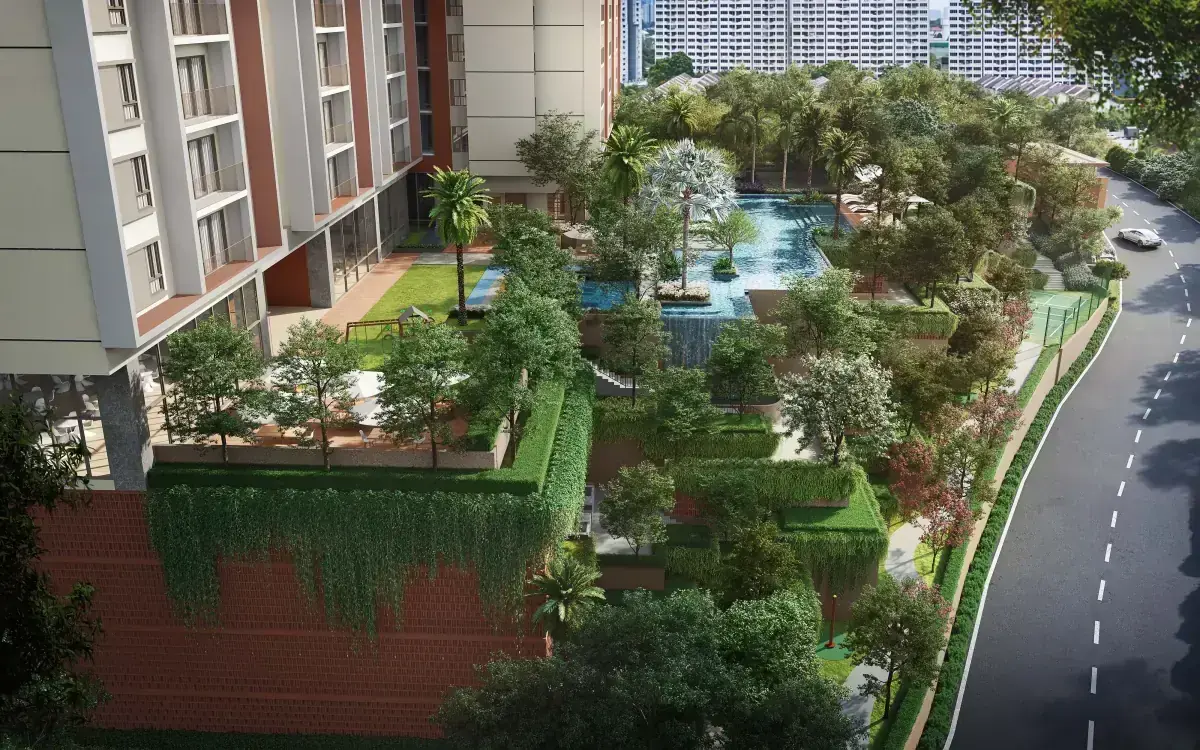 Aerial view of the tiered gardens with hanging greenery, cascading water feature and pool at The Fount