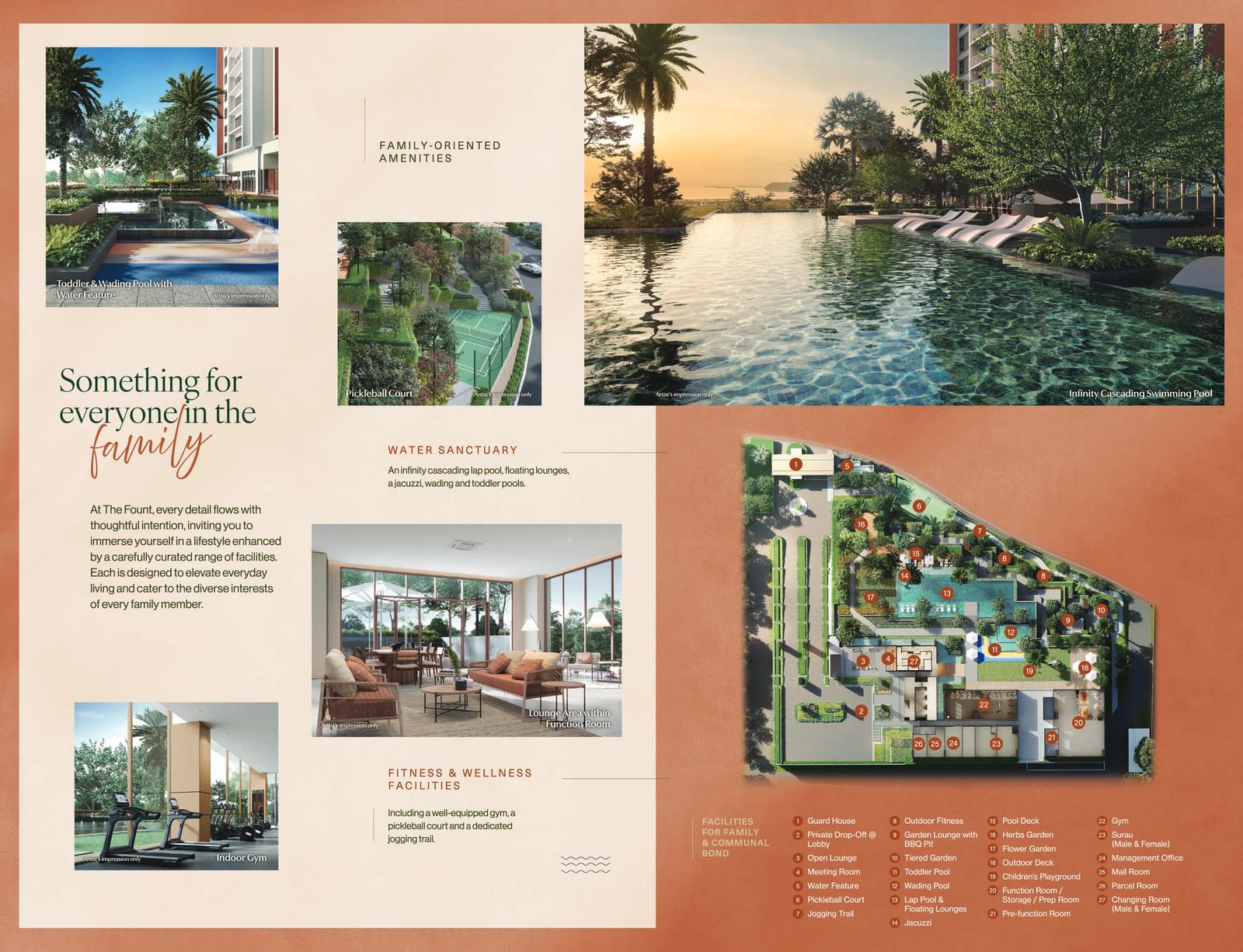 The Fount facilities including the infinity cascading swimming pool, pickleball court, indoor gym, function room lounge and site plan