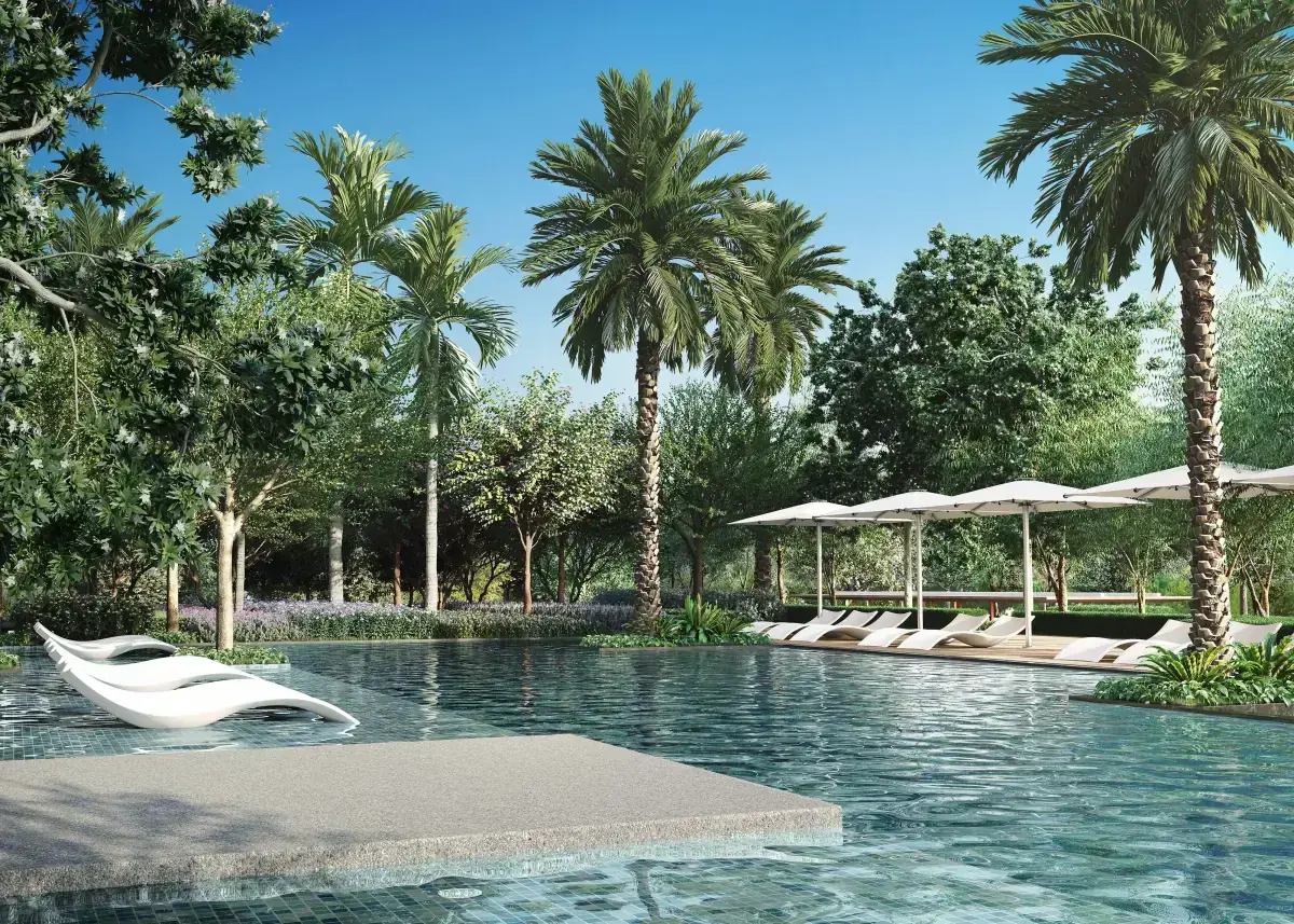 Artist's impression of the resort-style swimming pool at The Fount, framed by palm trees, poolside loungers and umbrellas