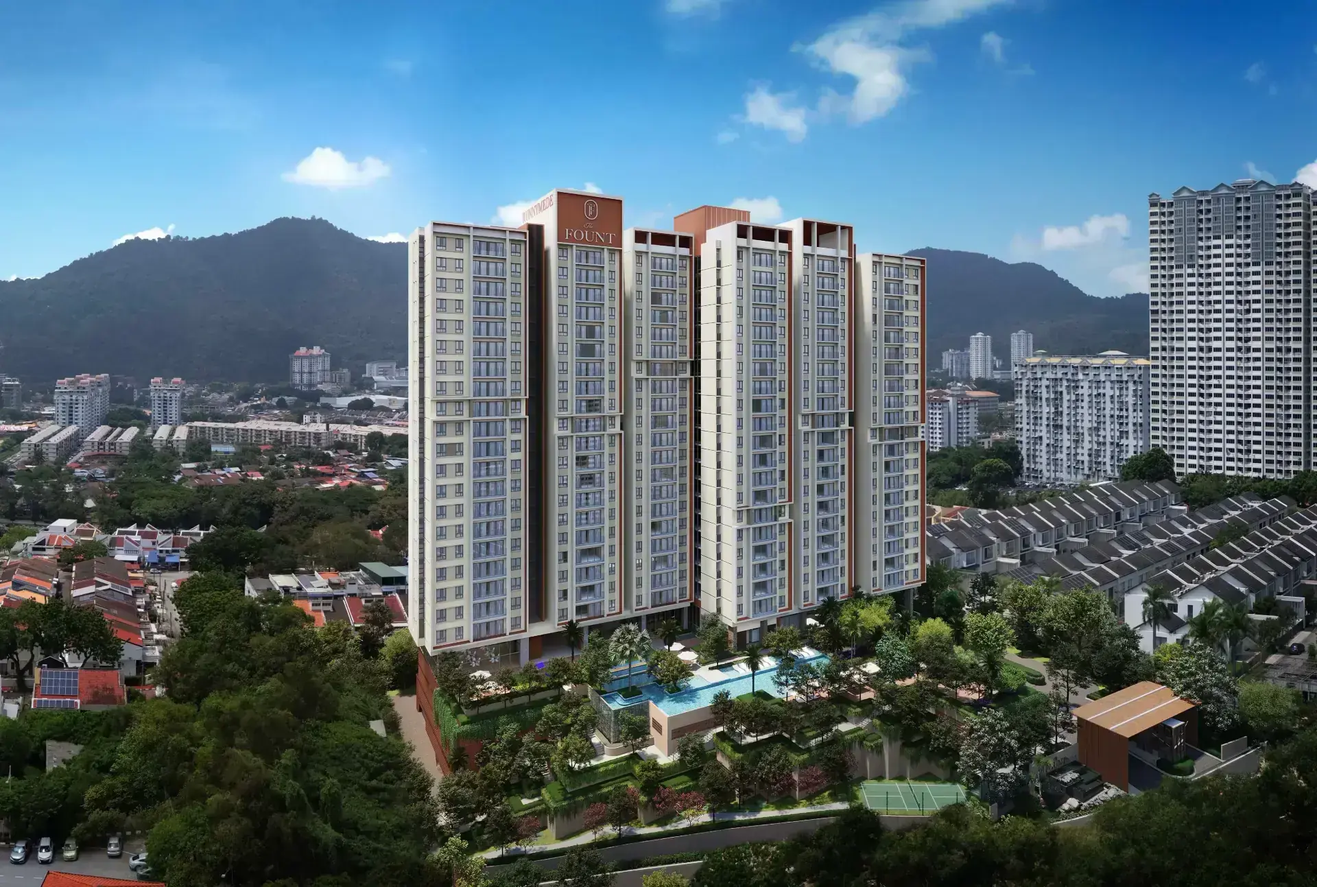 Artist's impression of The Fount towers rising above landscaped gardens and the pool deck, with Penang Hill in the background